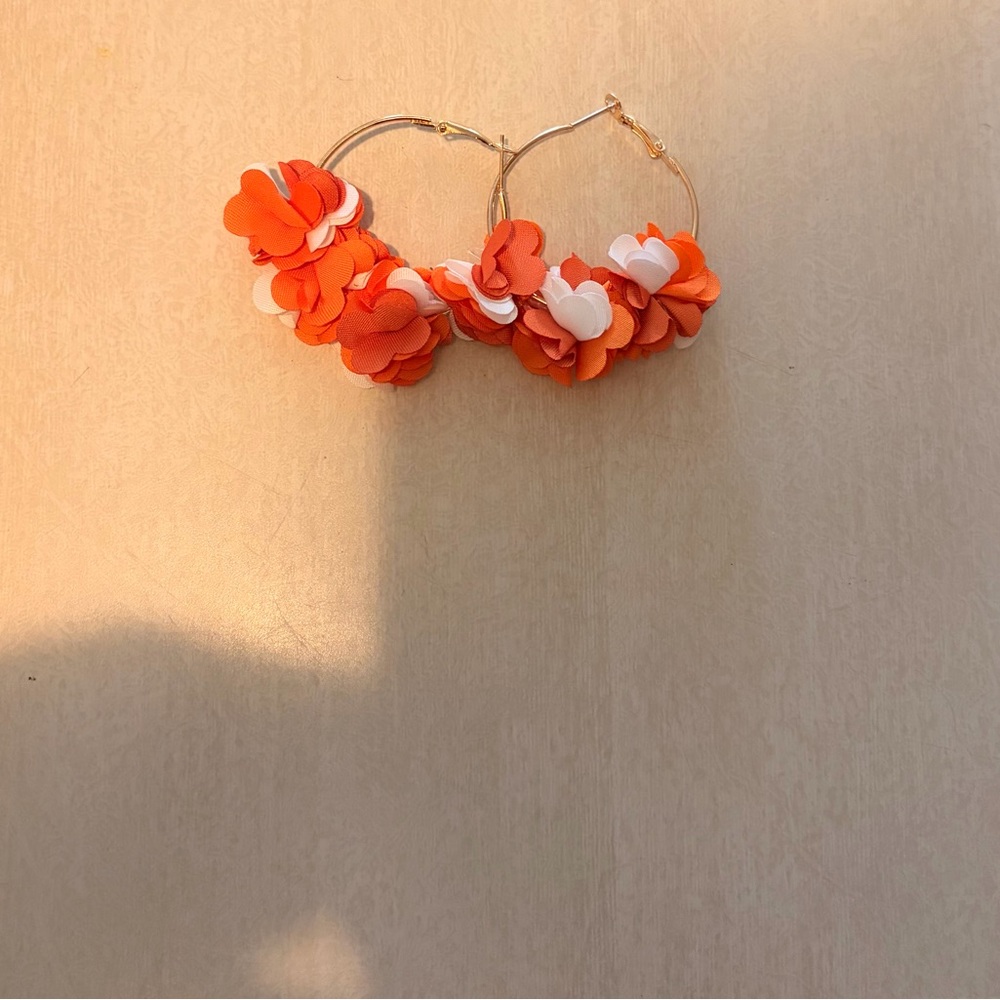 Vibrant Orange and White Floral Hoop Earrings